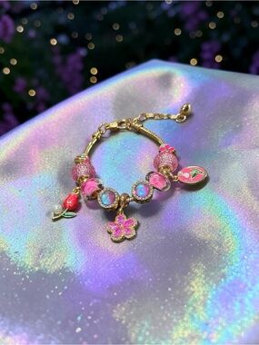Gold Pink Floral Charm Bracelet - Women Jewelry